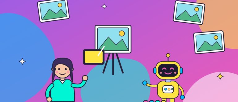 Девушка с планшетом рисует вместе с роботом-художником, рядом мольберт с пейзажем и рамки с картинами