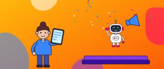 Робот-диктор с мегафоном стоит у небольшой сцены, а девушка с планшетом в руках внимательно слушает, вокруг разлетаются цветные конфетти